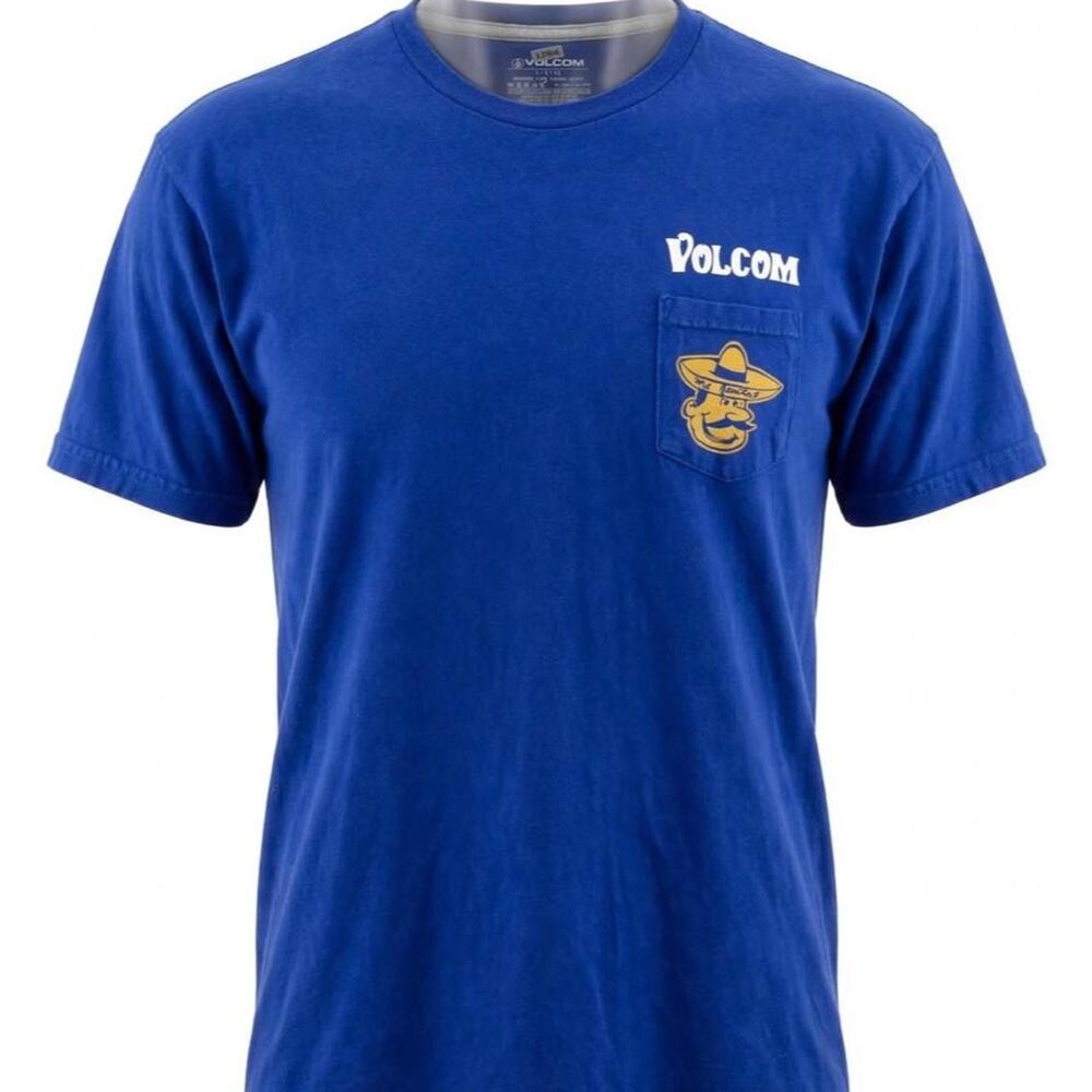 Volcom blue cotton t-shirt with yellow sombrero graphic, size L